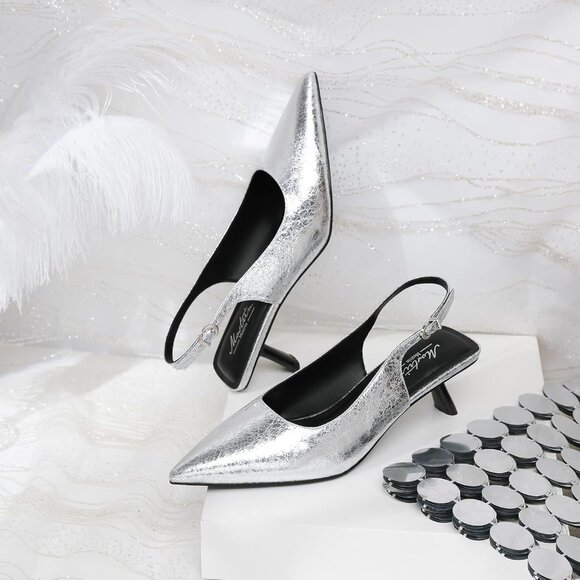 Mostrin Kitten Heel Silver Sh Faux Leather Low Slingback Heels with Buckle - Picture 5 of 9